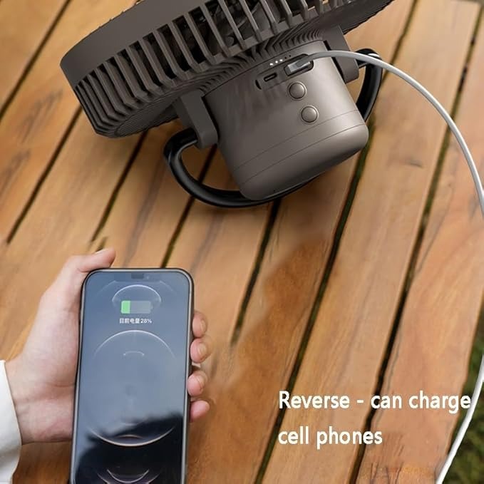 outdoor camping fan hanging in tent