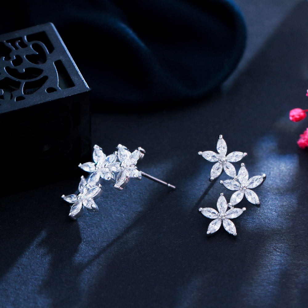 cubic zirconia flower stud earrings close up