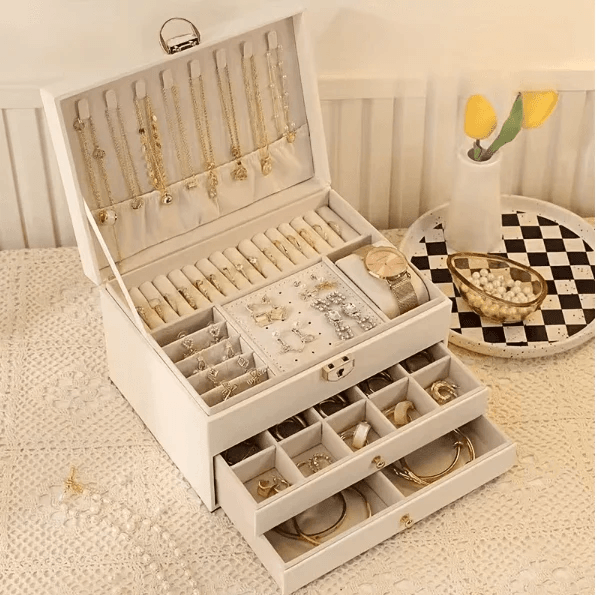  3 layer jewelry storage box open compartments