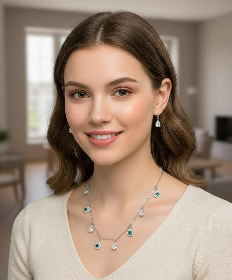  evil eye teardrop necklace set worn by model
