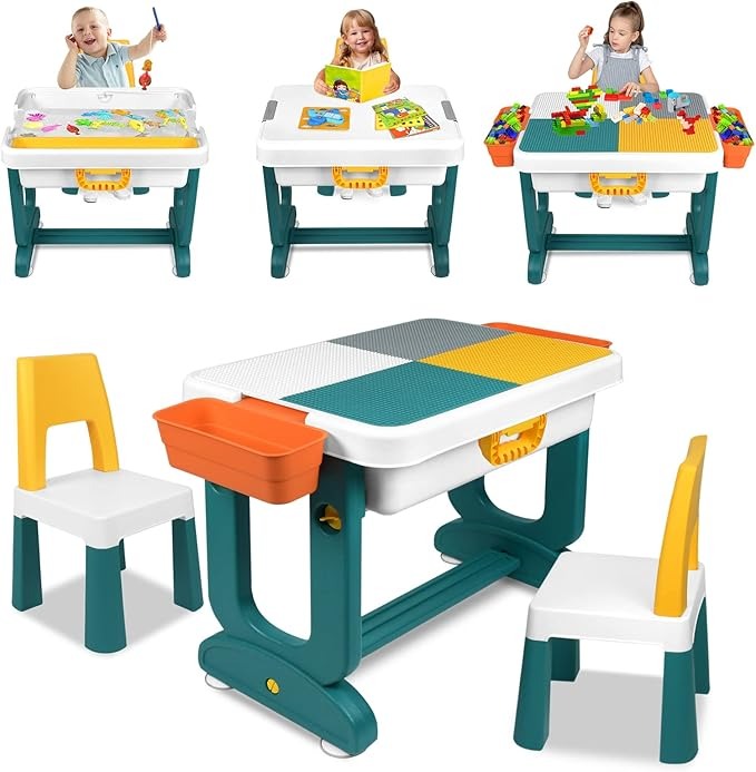 Kids Table and Chair Set with Storage side view showing dimensions
