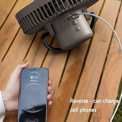 outdoor camping fan hanging in tent