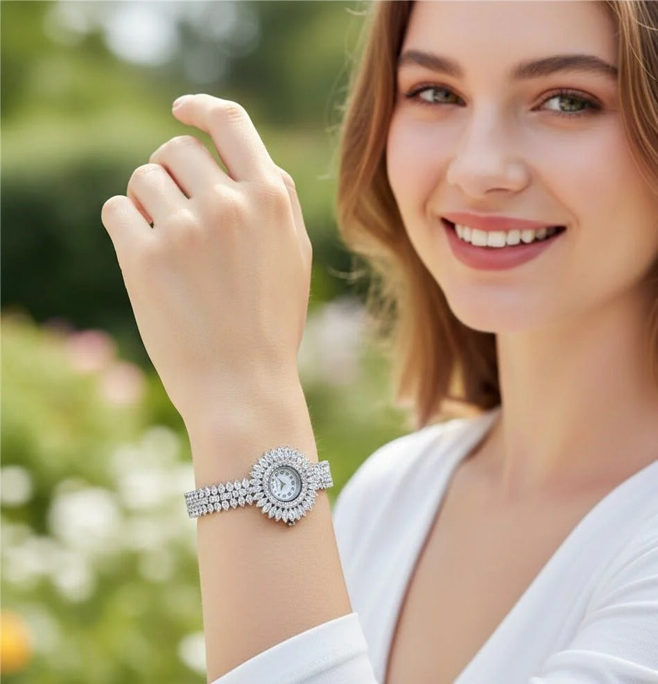 crystal bezel watch for women worn on wrist