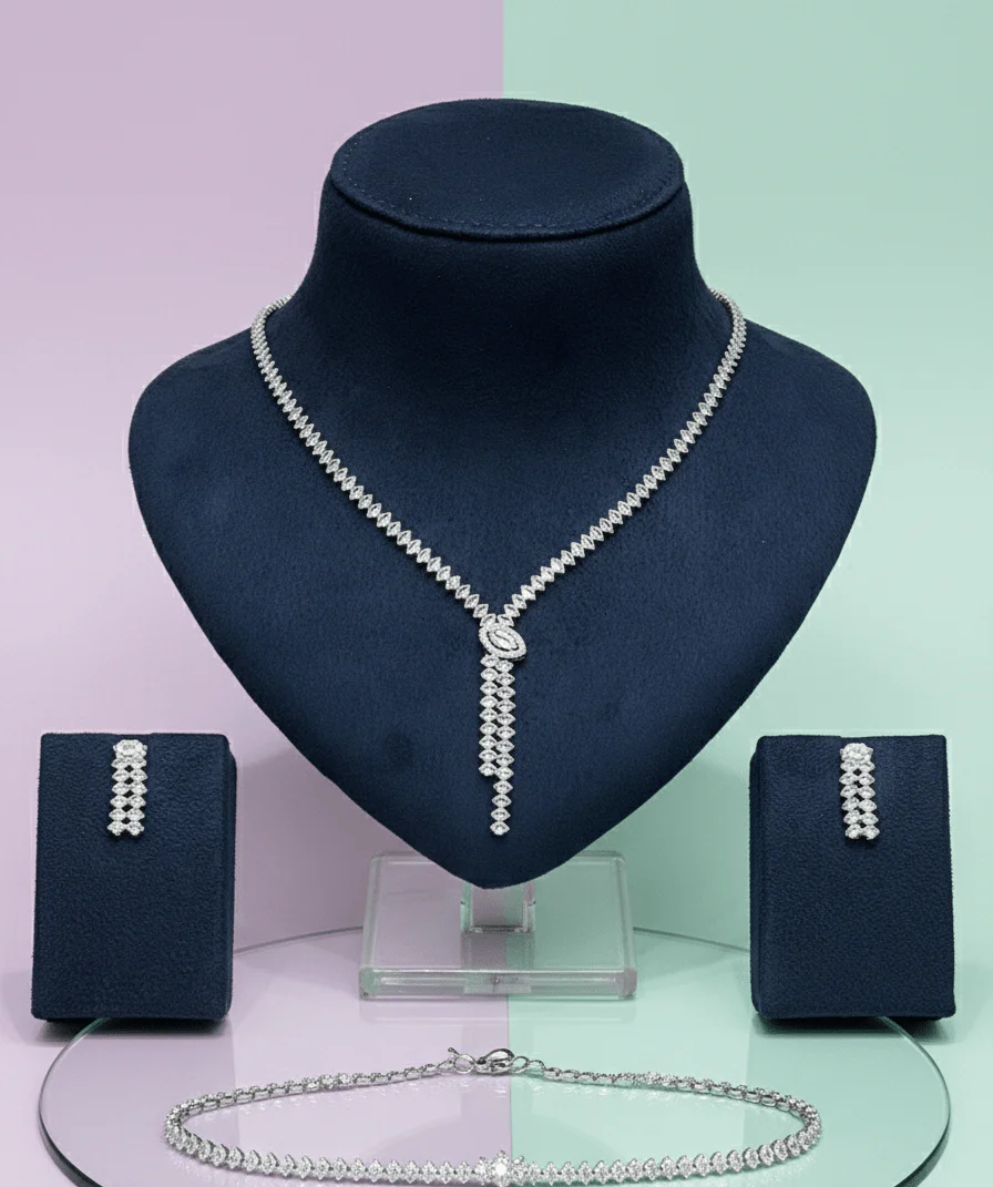 crystal drop jewelry set worn by model